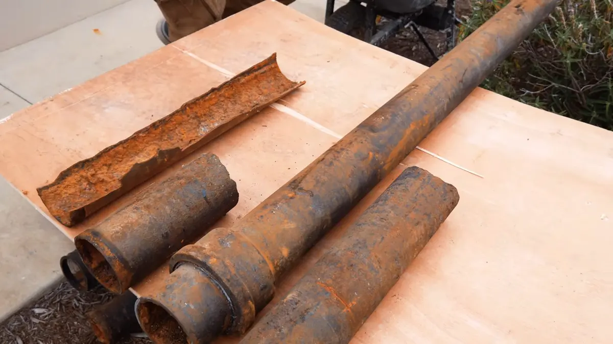 Corroded cast iron pipe and drain replacement work during a plumbing service visit in Altadena Country Club