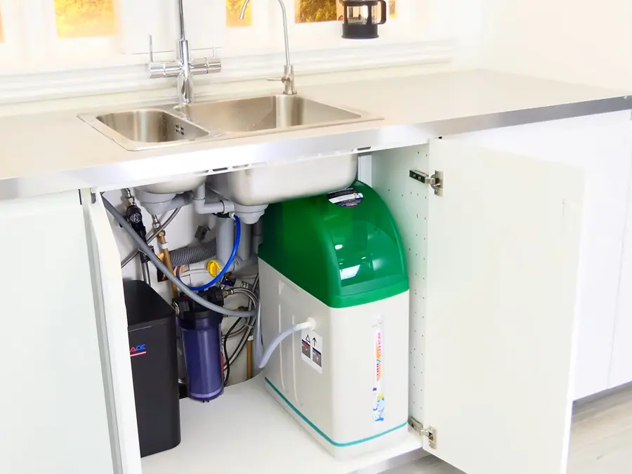 Water softener tank, control valve, and service connections during a plumbing service visit in Meadows Altadena